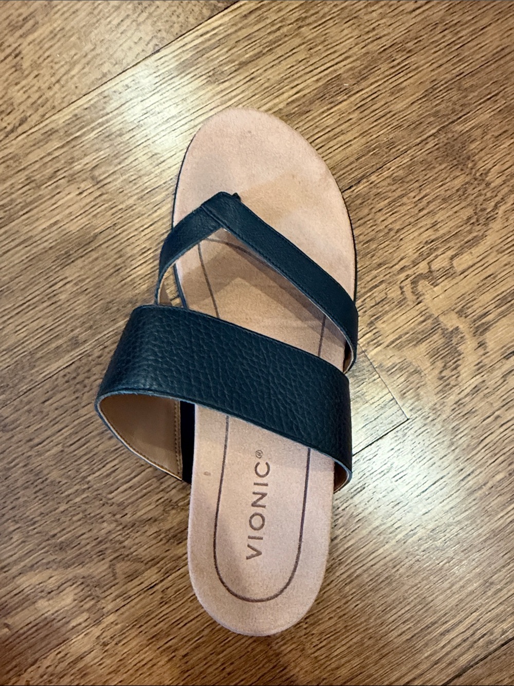 Vionic Black Two-Strap Leather Slide Sandal